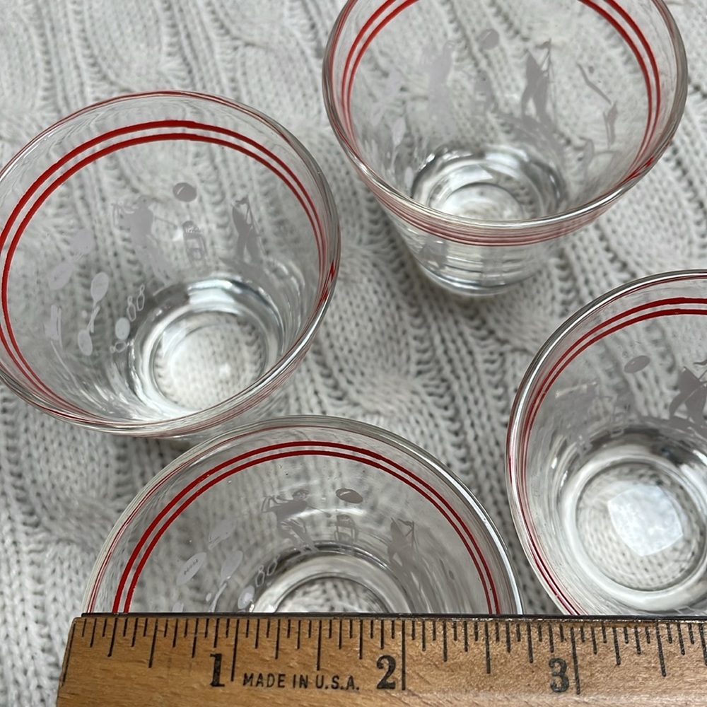 4 VTG MCM Hazel Atlas Sports Themed Cocktail/Double Shot Glasses Red Stripes - Picture 5 of 5